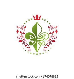 Victorian colorful emblem composed using lily flower and monarch crown. Royal quality award vector design element, business label.