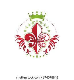 Victorian colorful emblem composed using lily flower and monarch crown. Royal quality award vector design element, business label.
