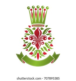 Victorian colorful emblem composed using lily flower and monarch crown. Royal quality award vector design element, business label.