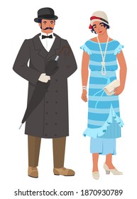 Victorian couple lady and gentleman, flat vector illustration. English man with umbrella and woman with handbag wearing elegant vintage clothes.