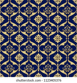 Victorian damask seamless pattern in blue and gold colors. Golden vintage design elements. Elegant Decorative ornament for wallpaper, fabric, paper, invitation print.