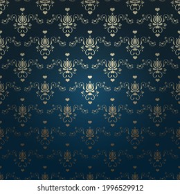 Victorian dark background. Beautiful damask ornament. Gold elements and glow effect background. Vector file.