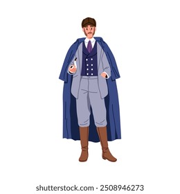 Victorian detective in 19th century fashion outfit. Elegant English gentleman in classic attire, cape, coat and pipe. Historical British attire. Flat vector illustration isolated on white background