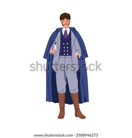 Victorian detective in 19th century fashion outfit. Elegant English gentleman in classic attire, cape, coat and pipe. Historical British attire. Flat vector illustration isolated on white background