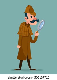 Victorian detective magnifying glass investigation mascot cartoon design vector illustration