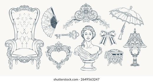 Elegância Vitoriana Coleção Decorativa Vintage. Incluindo móveis, retratos, molduras, chaves e ornamentos. Ideal para projetos com temas antigos, projetos de casamento e marcas de luxo.