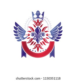 Victorian emblem composed using lily flower and monarch crown. Royal quality award vector design element, business label.