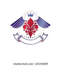Victorian emblem composed using lily flower and monarch crown. Royal quality award vector design element, business label.