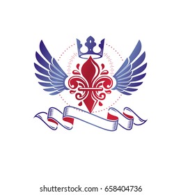 Victorian emblem composed using lily flower and monarch crown. Royal quality award vector design element, business label.