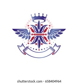 Victorian emblem composed using lily flower and monarch crown. Royal quality award vector design element, business label.