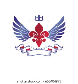 Victorian emblem composed using lily flower and monarch crown. Royal quality award vector design element, business label.