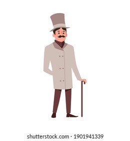 Victorian english aristocrat. A gallant courteous man, a gentleman with a mustache in an elegant frock coat, hat and carrying a cane. Flat cartoon vector isolated illustration