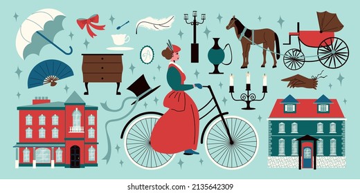 Victorian era big set of furniture architecture transport clothes accessories icons isolated vector illustration svg