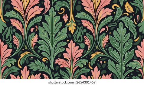 Design de padrão floral botânico da era vitoriana com tons rosa verde e amarelo