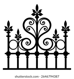 Victorian era cast iron wrought fence, ornamental swirls, floral motifs, symmetrical design, isolated on white background, silhouette style, highly detailed, black metal.