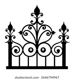 Victorian era cast iron wrought fence, ornamental swirls, floral motifs, symmetrical design, isolated on white background, silhouette style, highly detailed, black metal (1).