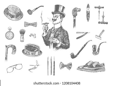 Victorian Era Collection, Gentleman's vintage accessories doodle collection. Hand drawn men illustrations set. Gentlemen in top hat holding whisky and cigar. Vintage vector engraving style