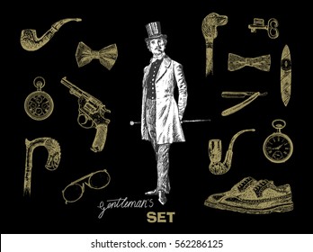 Victorian Era Collection, Gentleman's vintage accessories doodle collection. Portrait Elegant proud man. He has a moustache. Victorian gent. Hand drawn gentlemen illustrations big set