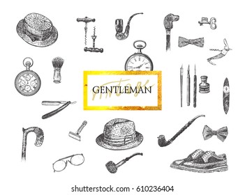 Victorian Era Collection, Gentleman's vintage accessories doodle set. Hand drawn men illustrationst. Vector engraving style