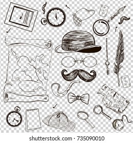 Victorian Era Collection, Gentleman's vintage accessories doodle set. Hand drawn men illustrations