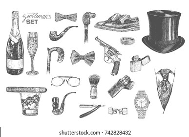 Victorian Era Collection, Gentleman's vintage accessories doodle set. Hand drawn men isolated vector illustration in ancient engraving style