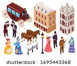 Victorian era english fashion architecture elements isometric set with town city houses lanterns carriage citizens vector illustration 