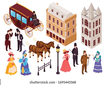 Victorian era english fashion architecture elements isometric set with town city houses lanterns carriage citizens vector illustration 