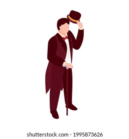 Victorian era english fashion icon with isometric male character with hat and cane 3d vector illustration