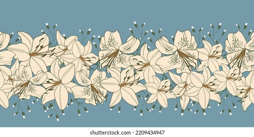 Victorian era floral horizontal vector seamless pattern with royal lillies on soft blue background