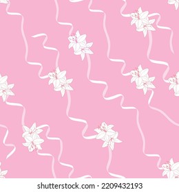 Victorian era floral vector seamless pattern with lillies and ribbons on pink background