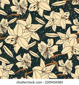 Victorian era floral vector seamless pattern with royal lillies on dark background.