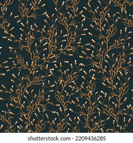 Victorian era floral vector seamless pattern with small flowering plants texture on black background.