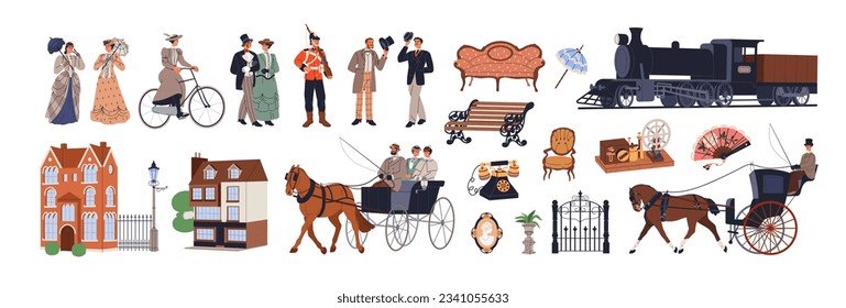 Victorian era, history set. 18th, 19th centuries fashion, buildings, characters. Wealthy people in vintage clothing of 1900. Historical flat graphic vector illustrations isolated on white background svg