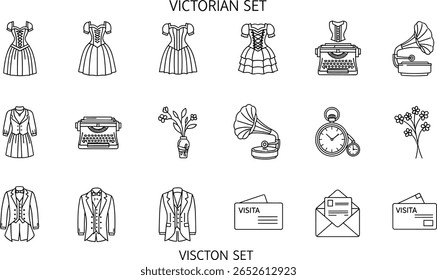 Victorian Era line icon set. Vector pictograms of 19th-century, antique, dress, corset, typewriter, gramophone, pocket watch, tailcoat, letter with dry flowers, visit card thin linear illustration
