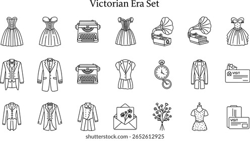 Victorian Era line icon set. Vector pictograms of 19th-century, antique, dress, corset, typewriter, gramophone, pocket watch, tailcoat, letter with dry flowers, visit card thin linear illustration