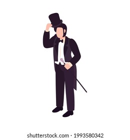 Victorian era male fashion with elegant man holding cane isometric vector illustration