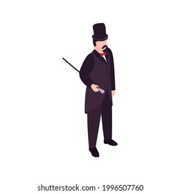Victorian era male fashion icon with elegant man in black suit hat holding cane vector illustration