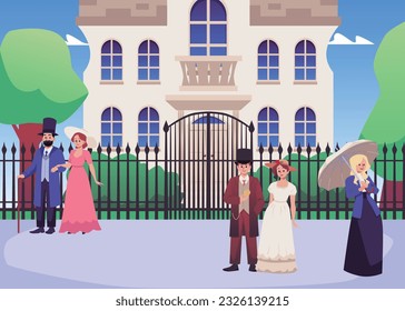 Victorian era people and building, flat vector illustration. Ladies and gentlemen in classic Victorian suits and dresses. English history concept. Victorian era architecture.