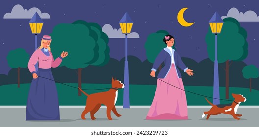 Victorian era scene concept. Women in antique clothes with dogs. Ancient civilization and old Europe. Fashionable young girls walk in city park. Cartoon flat vector illustration