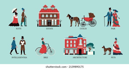 Victorian era set of estate coach bike suits flat compositions isolated vector illustration