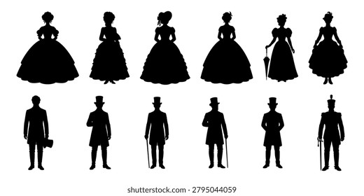 Victorian Era Silhouette Vector Set – Men and Women in Elegant 19th Century Clothing with Hats and Canes, silhouettes of aristocrats, vector illustration, isolated on white background

