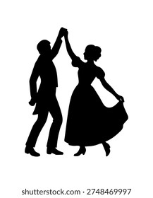 Victorian era silhouetted couple dancing at a formal ball