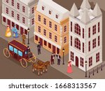Victorian era street with city houses gentlemen ladies in fashionable crinoline skirts carriage isometric view vector illustration 