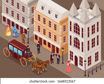 Victorian era street with city houses gentlemen ladies in fashionable crinoline skirts carriage isometric view vector illustration  svg