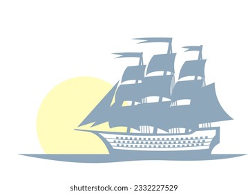 Victorian era Warship. A stylized drawing of an old sailship against the background of the morning sun. Vector image for prints, poster and illustrations.