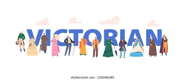 Victorian Fashion Concept 19th Century European Ladies and Gentlemen Wear Elegant Gowns, Hats and Costumes. Antique English or French Characters Poster, Banner or Flyer. Cartoon Vector Illustration