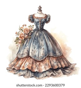 Victorian fashion dress for woman on mannequin in watercolor