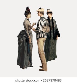 Victorian fashion illustration with two women and a man. Women in elegant dresses, man in striped blazer. Vintage attire, Victorian style, classic fashion. Vintage character art illustration vector.