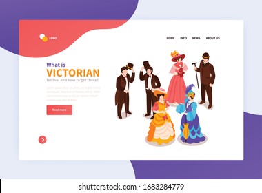 Victorian festival isometric landing page with ladies and gentlemen dressed in clothes of 18th  century vector illustration