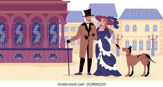 Victorian flat illustration with lady and gentleman dressed in clothes of 18th century at old city buildings background vector illustration svg